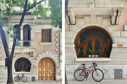 Peculiar forma para una ventana de madera con elaborado vitraux y reja de hierro labrado. Sobre la calle Morón, en el barrio de Flores.