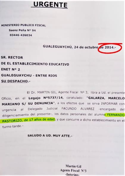 Pedido de informes sobre Fernando Pastorizzo en el contexto de la denuncia por agresión en manada a Nahir Galarza, en 2014