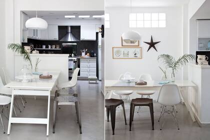 Pegado a la cocina, este comedor cuenta con una mesa blanca plegable pintada con dos franjas grises como detalle. Para sentarse, bancos de metal y sillas Eames con patas cromadas