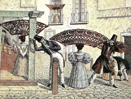 “Peinetones en la calle”, litografía de Bacle que se toma con humor el gran porte de estos accesorios femeninos. 1834.