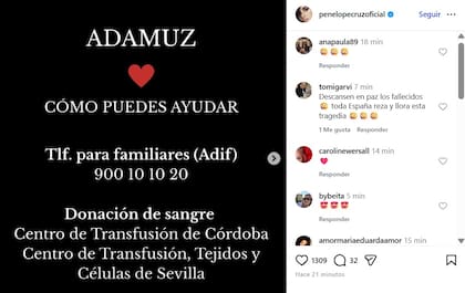 Penélope Cruz se solidarizó con las víctimas del accidente en España