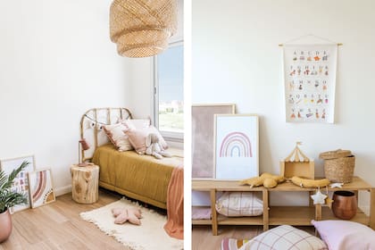 Pensado para una niña, este cuarto tiene cuadros, almohadones, póster y alfombras en tonos pastel de Babyboom Tienda. Acolchado, respaldo y mueble bajo (Sol Palou Deco).
