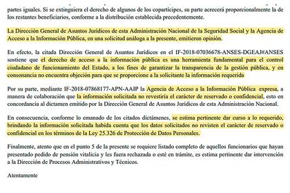 La dirección Previsional de la Anses, bajo la gestión de Alejandro Vanoli, hizo lugar al pedido que realizó LA NACION en enero y respaldó su decisión en un pedido similar del 2018