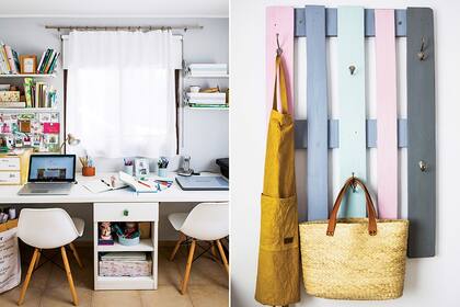 Perchero de pallet hecho en casa con delantal (Silai Home Deco) y una canasta ($900, Paysana)