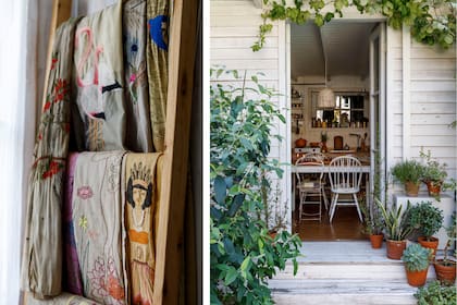 Perchero para telas hecho a medida (carpintero Diego Salado Castro). Para conseguir el aspecto playero, se usó madera tratada, pintada con látex al agua y finalmente lijada.