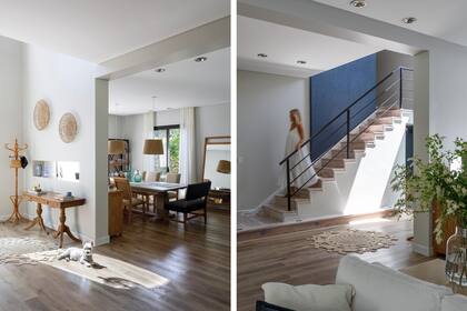 Perchero y escritorio heredados. Bandejas colgadas en la pared y alfombra (Ritta Estudio). Piso ‘Fusion Vinilum Pale Oak’ (Patagonia Flooring).