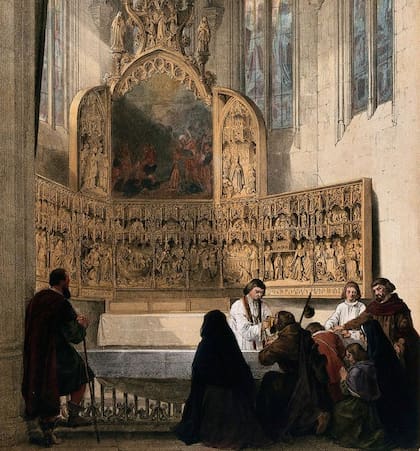 Peregrinos recibiendo la Eucaristía en la capilla de Santa Dimpna en Geel. Litografía coloreada de Louis Haghe (1806-1885)