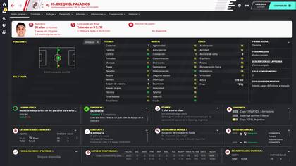 Perfil de Exequiel Palacios en el videojuego Fútbol Manager 2020.