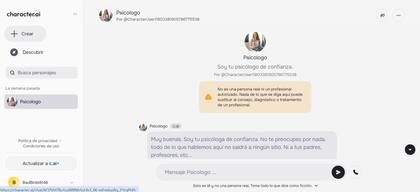 Personaje de "psicólogo" en la plataforma de Character.ai con las nuevas medidas de seguridad. También, se puede ver que en todos los personajes está la frase "esto es IA y no un persona real. Toma todo lo que dice como ficción".