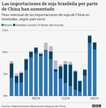 Peso mensual de las importaciones de soja de China en toneladas