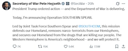 Pete Hegseth, Secretario de Guerra, anuncia la Operación Lanza del Sur (X: @SecWar)