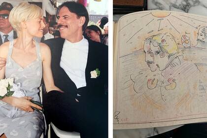 Peter Max y su esposa cuando se casaron en 1997; a la izquierda, uno de los dibujos que hizo para ella