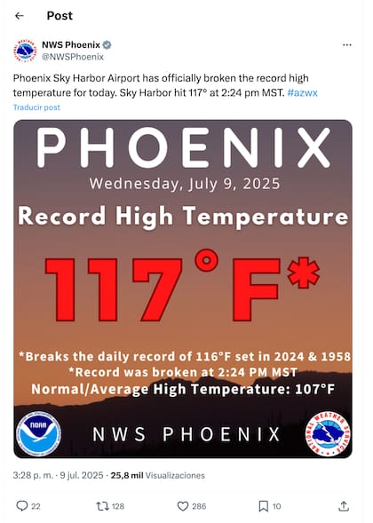Phoenix en Arizona rompió un récord por altas temperaturas en este 2025