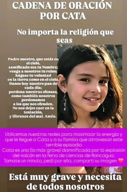 Piden cadena de oración para la nena afectada por la explosión del volcán en la feria de ciencias