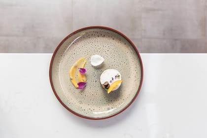 Pie de chocolate belga, emulsión de duraznos y tomillo, malva, lavandas y rosas cristalizadas.