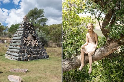 “Piedra libre toco madera” en eucalipto y piedra, de Luis Felipe Noé. Una pirámide con los elementos propios del lugar (izquierda). “Marisol” en resina policromada, de Fernando X. González. Ahí está la niña, en el árbol, impasible y observadora (derecha).