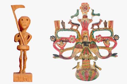 Piezas del Museo: talla en madera de San La Muerte, procedente de Corrientes, y figura del Árbol de la Vida, originaria de México