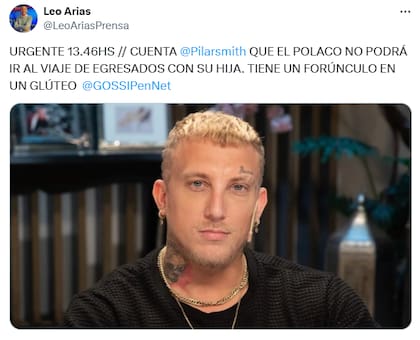 Pilar Smith anunció que el cantante no podrá ir a Bariloche como padre acompañante (Foto: Captura X @leoariasprensa)