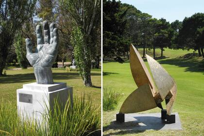 Pinamar tiene su parque: con epicentro en el Golf, la ciudad balnearia se fue llenando de esculturas (izquierda, "Mano del Destino" de Rubén Locaso; derecha, serie de la Ribera de Alberto Bastón Díaz)