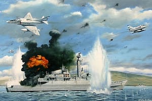 Pintura de la segunda oleada de la aviación naval que hunde la HMS Ardent