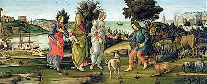 Pintura que representa el juicio de Paris por Sandro Botticelli (Fundación Giorgio Cini, Venecia)