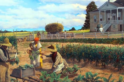 Pintura que representa la actividad de personas esclavizadas del siglo XIX, por Keith Rocco