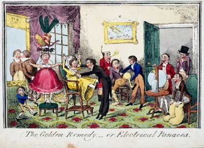 Pintura satírica de 1818 donde se critica la sobre estimulación eléctrica como la panacea para la histeria.