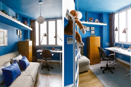 Pintura ‘SW6796′ (Sherwin Williams). Lámparas de techo (Concepto & Luz) Almohadones de pana azul (Lote Propio). Manta (Luna Deco).