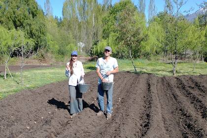 Pirén y su pareja Simón en plena siembra de papas.