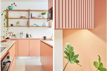 Piso de porcelanato Ilva 'Urban light grey' (SBG) y banquina revestida en acero inoxidable. La zona lateral, con la estantería de petiribí, le ofrece su cara más decorativa al living-comedor.