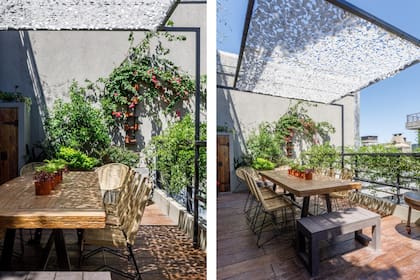 Piso de tablas de hormigón (Castelatto) y mesa de madera recuperada.