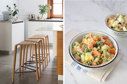 Pisos de porcelanato ‘Nuovo Corso’ Gris Tuscany y banquetas ‘Ply’ (Barugel Azulay). La ensalada rusa, a la espera de que les demos la receta.