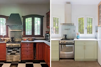 Pisos de porcelanato Peroba, nuevos muebles (arq. Delfina Jordán) más funcionales en verde, mesadas de Silestone y alzada de azulejos 'Switch Sage' de 13x13 (Syria Cerámicos), algunos de los cambios clave.