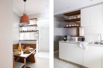 De igual medida que la barra se hizo el box con mesa y bancos de petiribí (diseño del Estudio AT Arqs). Rolls de canela (Marina Becher). Lámpara de techo (Unik Light Design). Pisos ‘Portobello Broadway Lime’ de 0,6 x 1,2m (SBG). Cafetera (Nespresso). Grifería (Hansgrohe). Bacha (Johnson Acero).