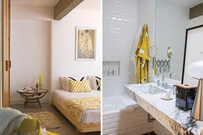 Placard con frente de paraíso (Ramón Argüello). Cama (Paraná Muebles). Pie de cama y almohadones (MS Deco). En el baño, mesada con pileta termoformada de Arabescato (Revestir). Kimono (Pezkoi).