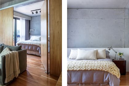 Placas, puertas y pisos revestidos en madera cherry. Acolchado (Arredo), mantón y almohadones (Elementos Argentinos), mesas de luz de algarrobo heredadas y lámparas articuladas ‘Pixar’. Jarrón con flores (Otra Sudestada Flores).