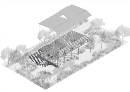 Plano axonometrico que demuestra la estructura, galerías y organización interior de la casa.