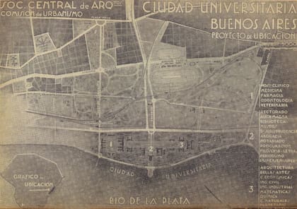 Plano de 1937 inspirado en las ideas de Le Corbusier que muestra una posible ubicación para Ciudad Universitaria donde luego se construyó el Aeroparque Jorge Newbery.