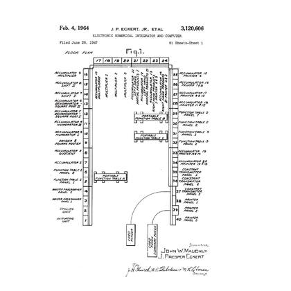 Plano de las unidades de ENIAC incluido en la aplicación para su patente en 1947.