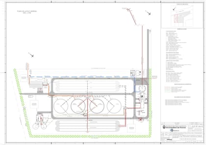 Plano general del proyecto de la Planta de Tratamiento de Efluentes Cloacales de Pinamar, con la disposición de las zanjas de oxidación, sedimentadores, estaciones de bombeo y áreas operativas