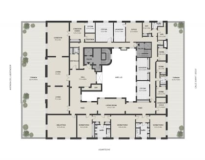 Planta del piso del Palacio Devoto que fue vendido hace días en 9 millones de dólares. Tiene menos metros cubiertos que los cuatro pisos más bajo, pero tiene dos fantásticas terrazas.