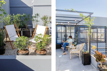 Plantas y macetas (Ciudad Naturaleza) y reposeras (Mercado Libre). En la pérgola, guirnalda de luces (Mercado Libre).