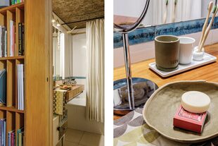 Plato de gres y contenedor de vela reutilizable sobre un set de baño de Muji.