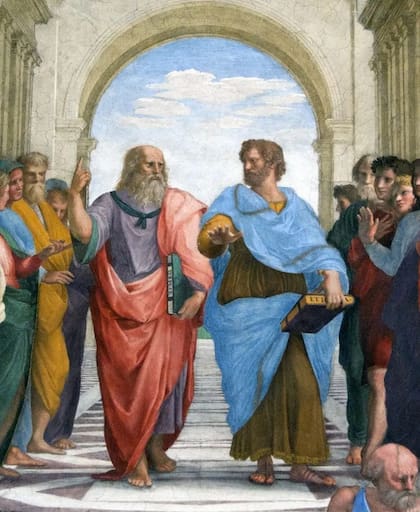 "Platón es mi amigo, pero más amiga es la verdad", dijo Aristóteles (en toga azul), refiriéndose a su maestro (en toga roja)