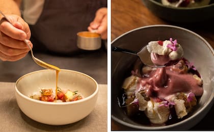 Platos de la carta de primavera, y el postre de rosas.