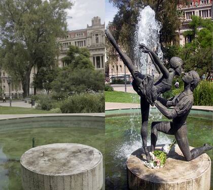 Antes y después, en la fuente que contiene la emblemática escultura con la figura de los bailarines José Neglia y Norma Fontenla