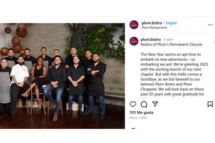 Plum Bistro comunicó el cierre en la red social. (Instagram Plum Bistro)