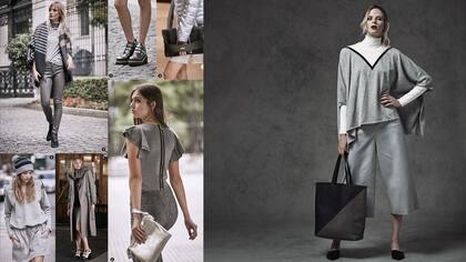 Polera de hilo, poncho de lana combinado, pantacourt sastrero, zapatos de gamuza
y cartera de cuero bicolor ($ 3200, $ 6800,
$ 2900, $ 5700 y $ 5550, Etiqueta Negra)