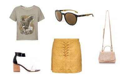 Pollera (Clara, $1400) Remera (Bendito Pie, $820) Sandalias (Lowe, $3050) Bandolera (Via Uno, $3699) Anteojos (Mormaii)