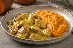 Pollo a la cúrcuma con puré de boniato y calabaza